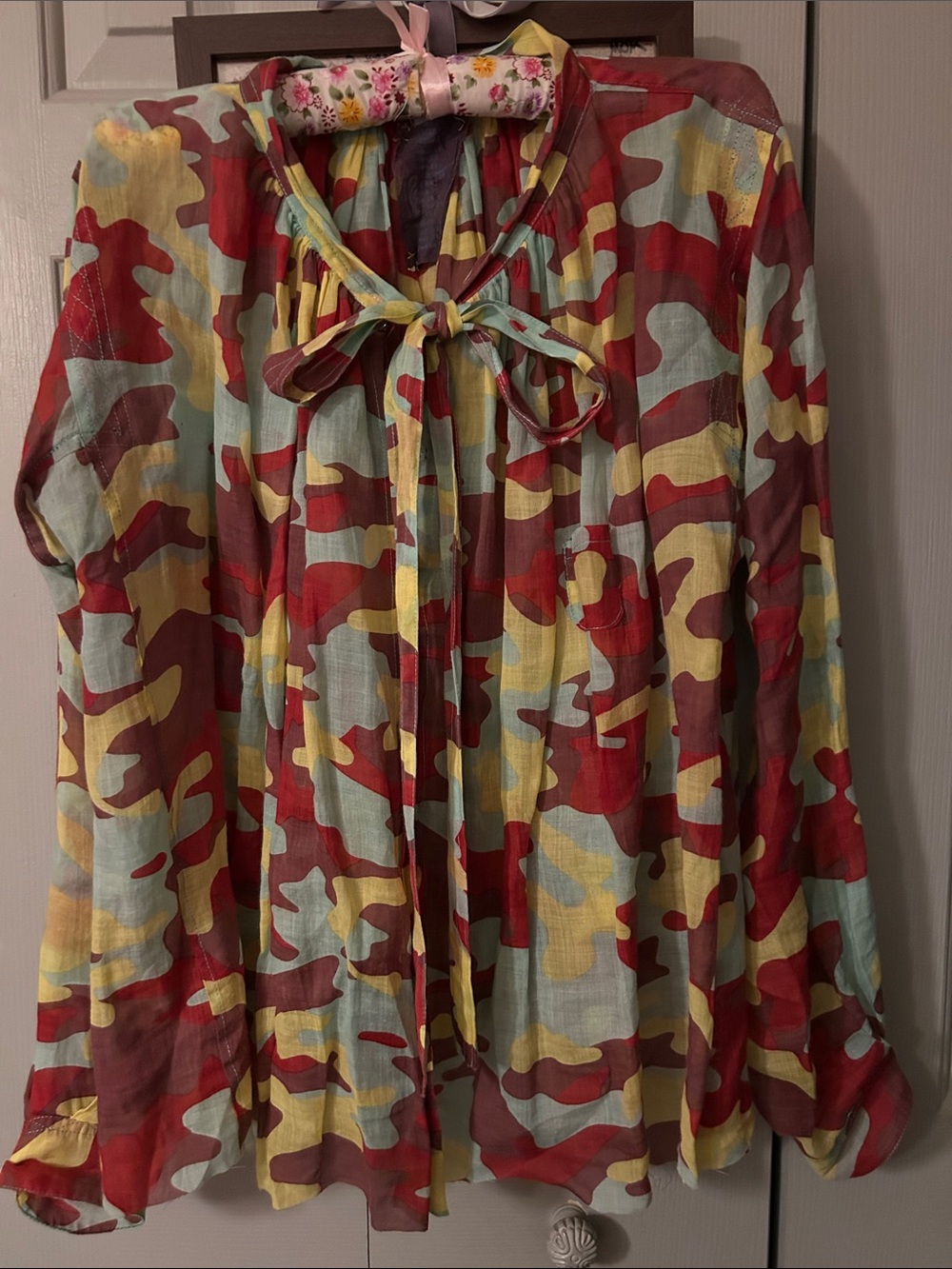 Yvonne S Sheer Camo Multi-Color Tie-Neck Blouse